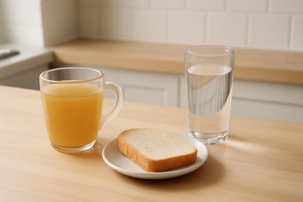 Lichte, vezelarme voeding op een keukentafel als voorbereiding op een coloscopie