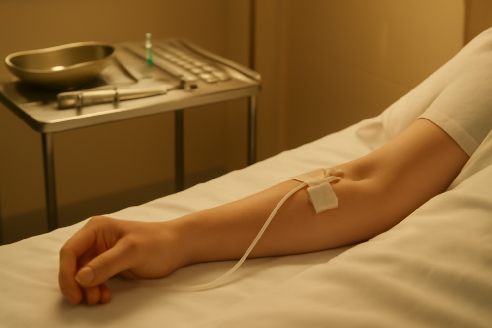 Ziekenhuiskamer met medisch infuus klaar voor een gastroscopie met sedatie
