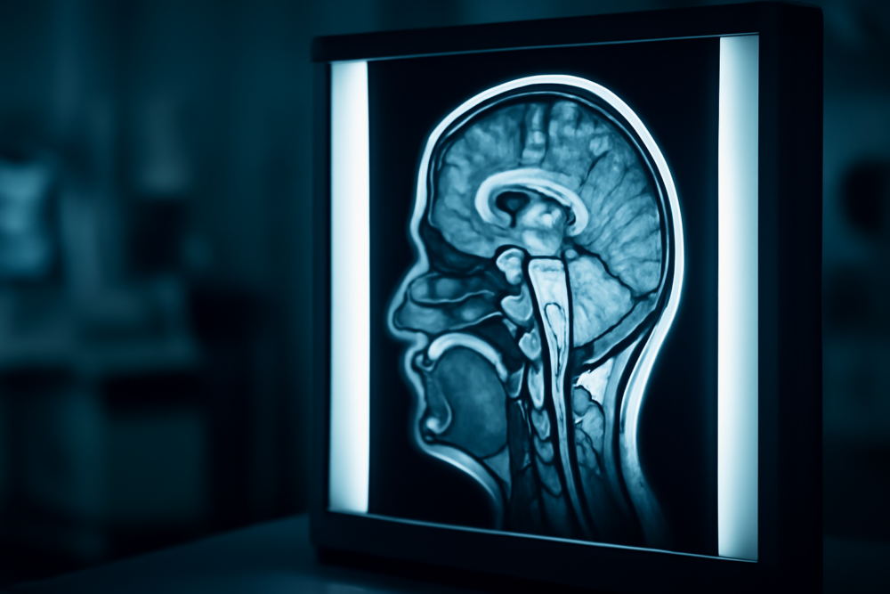 Radioloog bekijkt gedetailleerde MRI scan beelden van een menselijk hoofd op een lightbox