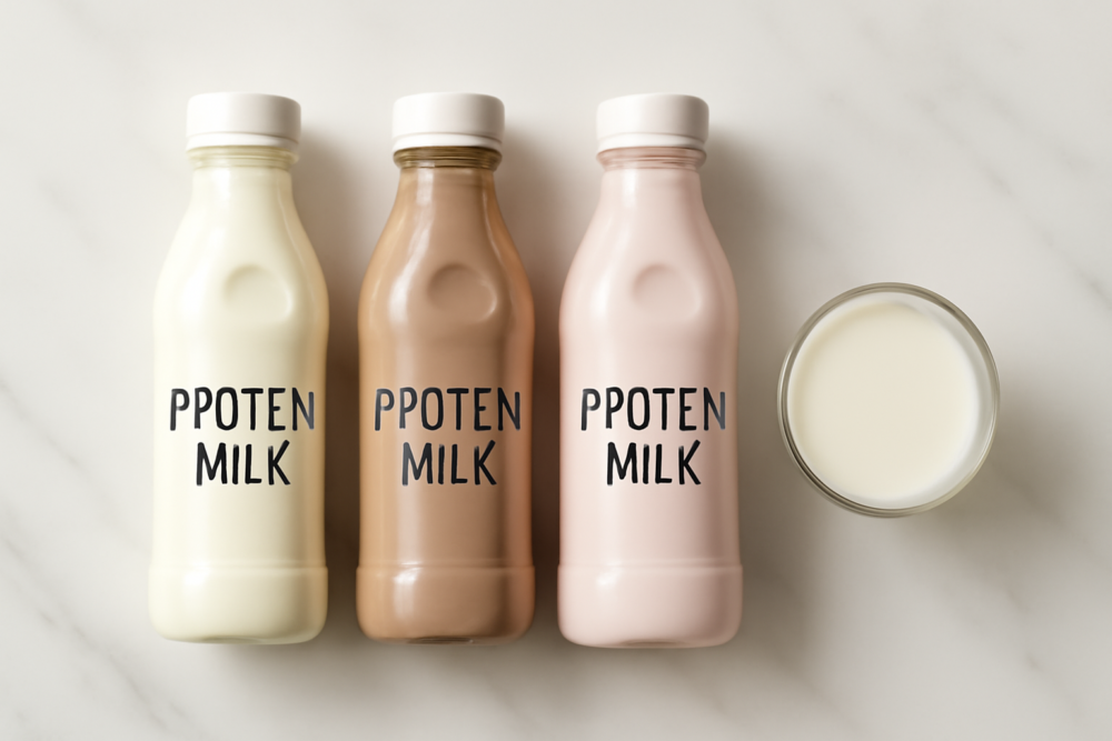 Drie flesjes proteïne melk naast elkaar op een marmeren ondergrond voor vergelijking
