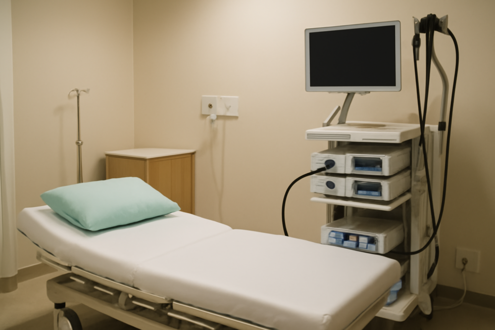 Moderne endoscopieruimte in een ziekenhuis met onderzoekstafel en medische apparatuur