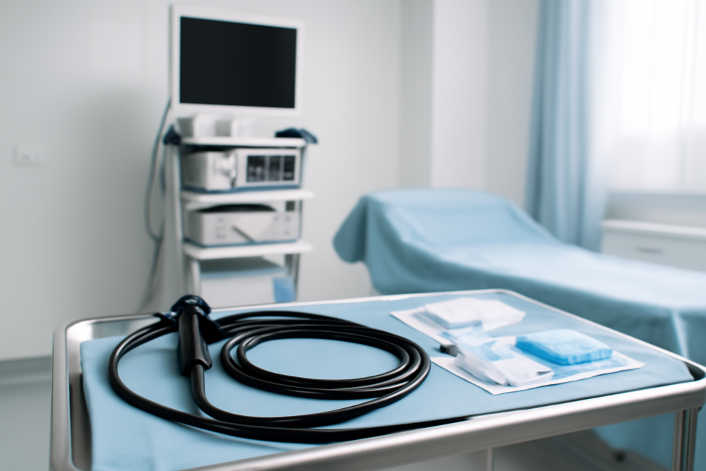 Gastroscoop op een medische lade in een endoscopiekamer, klaar voor onderzoek