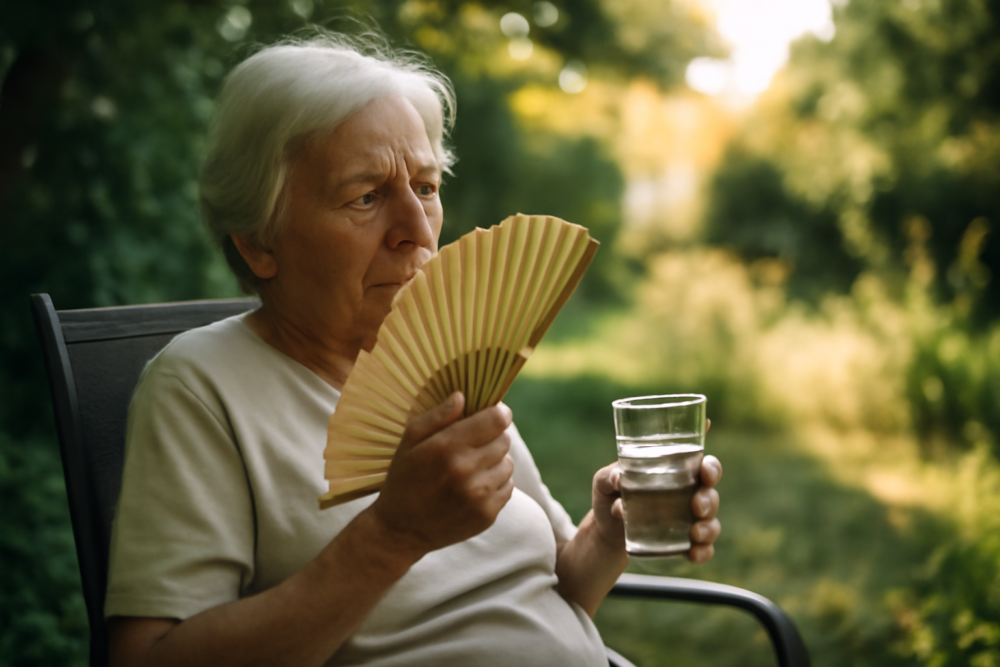 Oudere persoon in de schaduw met een glas water tijdens een hittegolf