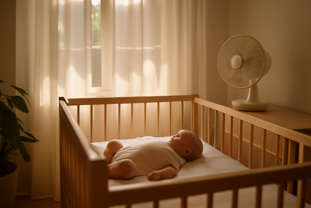 Baby in lichte romper in koele kamer met gesloten gordijnen tijdens hittegolf