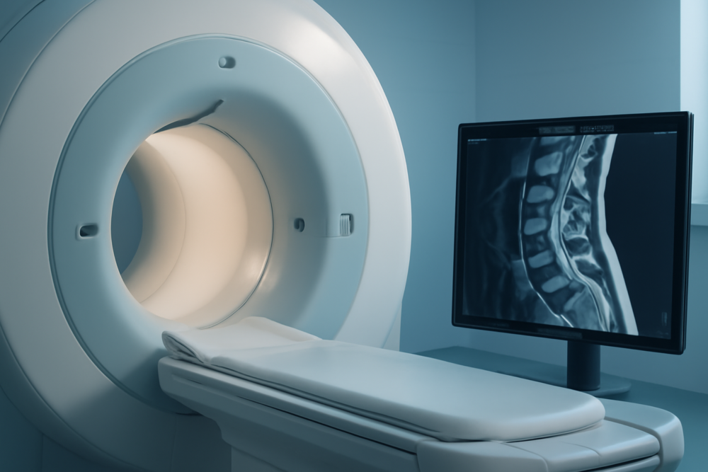 MRI-scanner in ziekenhuiskamer met beeldscherm waarop een wervelkolom zichtbaar is