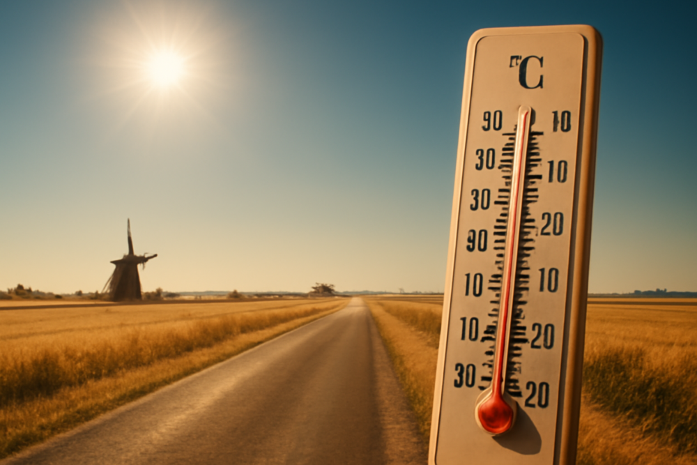 Thermometer boven 30 graden Celsius in een zonnig Nederlands zomerlandschap