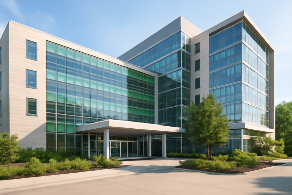 Buitenaanzicht van een modern academisch ziekenhuis op een zonnige dag