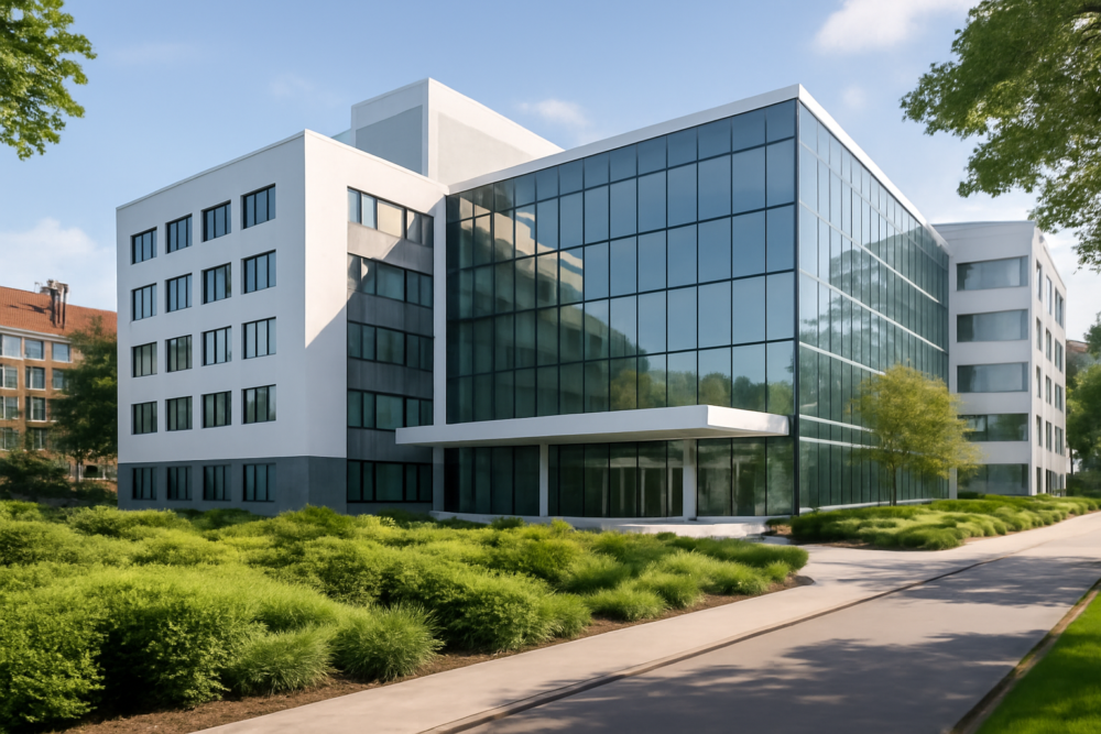 Moderne ziekenhuislocatie in Amersfoort met groene buitenruimte en glazen gevel