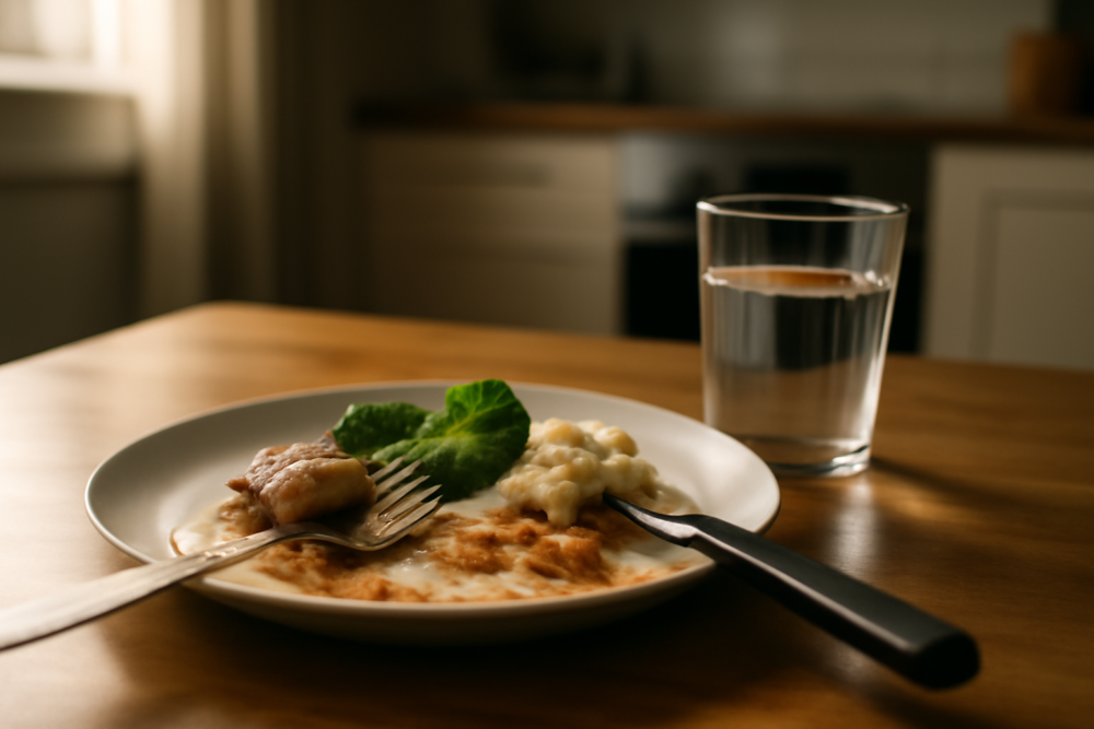 Bord met restjes eten op tafel na de maaltijd, glas water ernaast