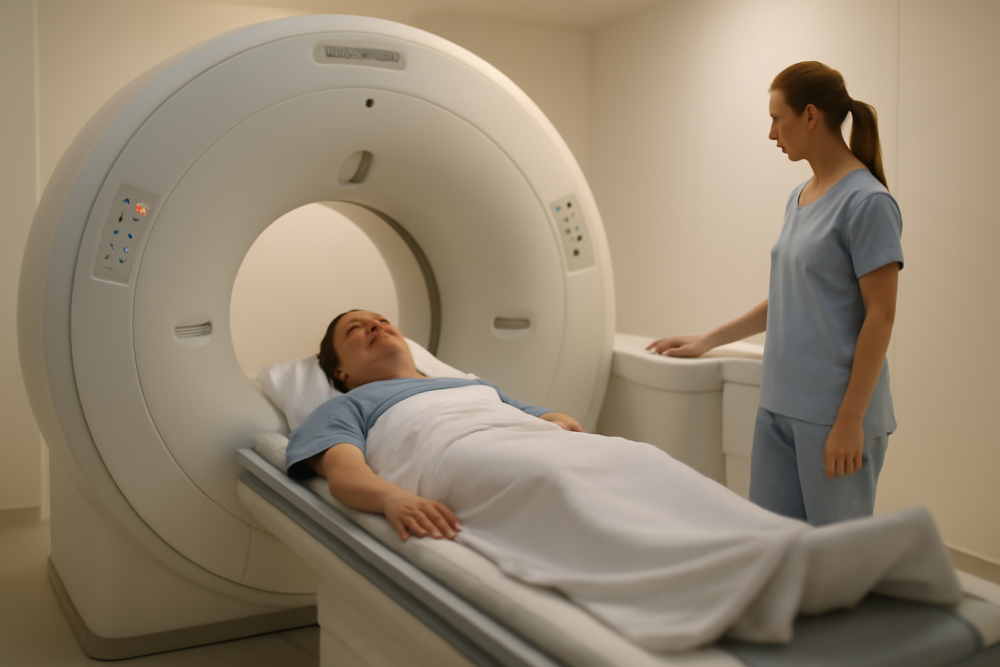 Persoon die rustig in een MRI-scanner ligt in een moderne privékliniek met een zorgprofessional op de achtergrond