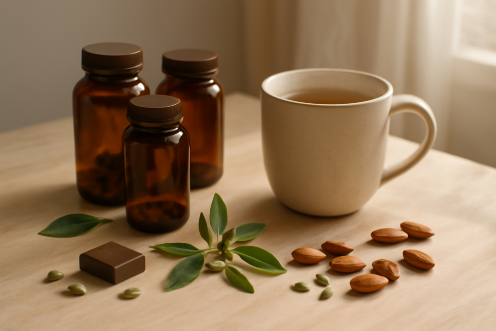 Houten tafel met supplementflesjes, kruidenthee, noten en groene planten in warm ochtendlicht