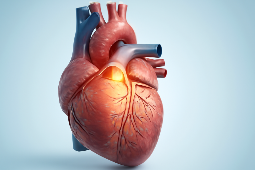 Anatomische illustratie van een hart met een kleine opening tussen de boezems, PFO uitgelegd