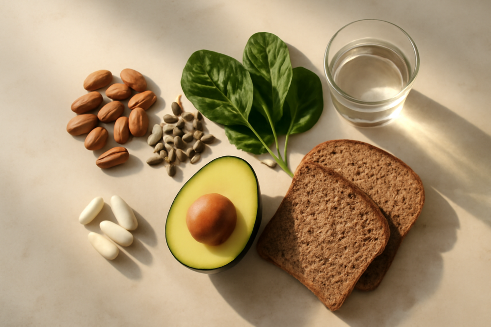 Magnesiumrijke voeding zoals noten, zaden, spinazie en avocado naast supplementcapsules op een stenen ondergrond