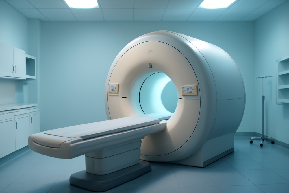 Moderne MRI-scanner in een rustige, verlichte ziekenhuisruimte voor radiologisch onderzoek