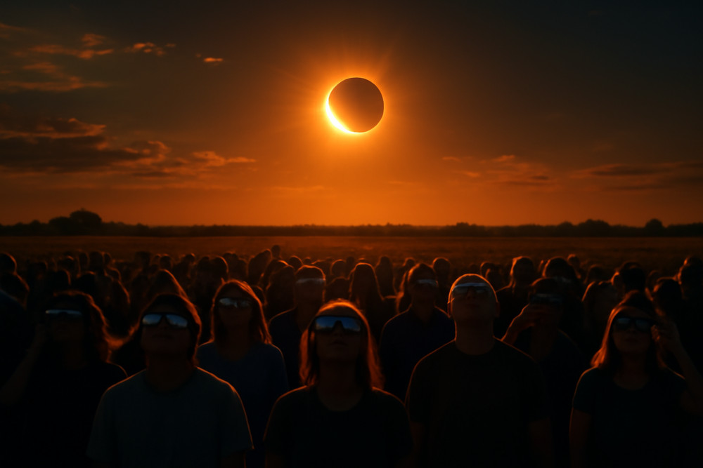 Mensen kijken met eclipsbrillen naar een gedeeltelijke zonsverduistering in de openlucht