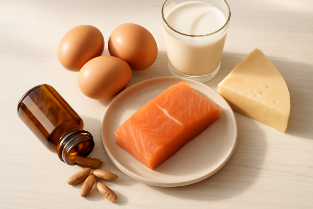 Voedingsmiddelen rijk aan vitamine B12 naast een supplement flesje met capsules