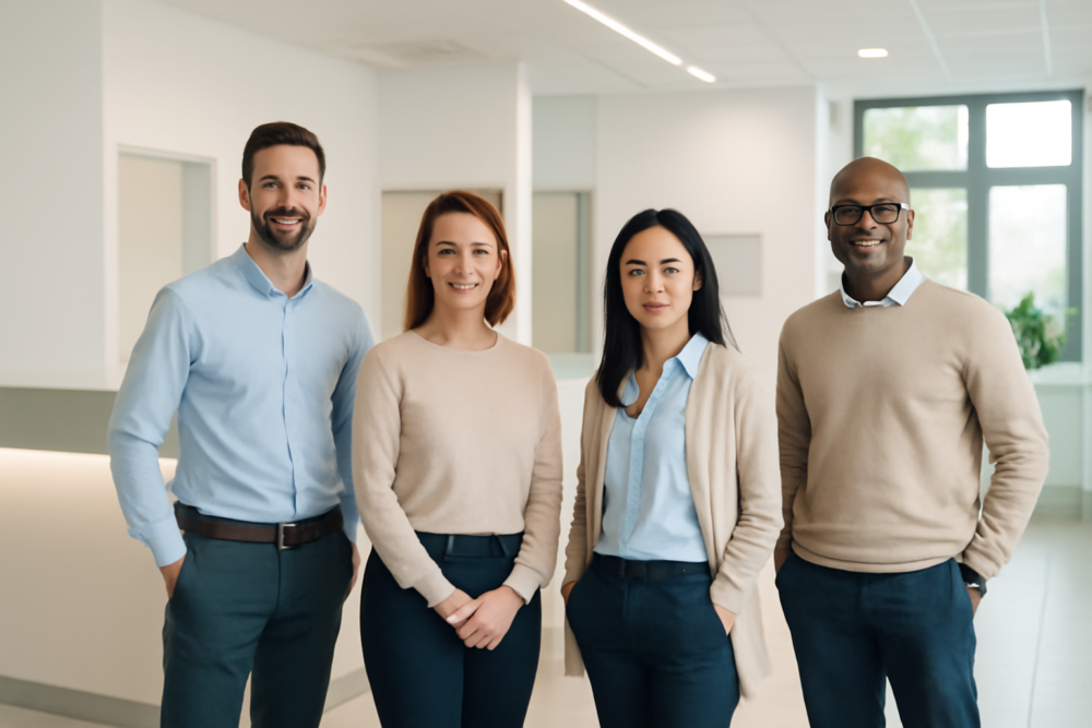 Groep werknemers bij aankomst in een moderne medische kliniek voor een bodyscan