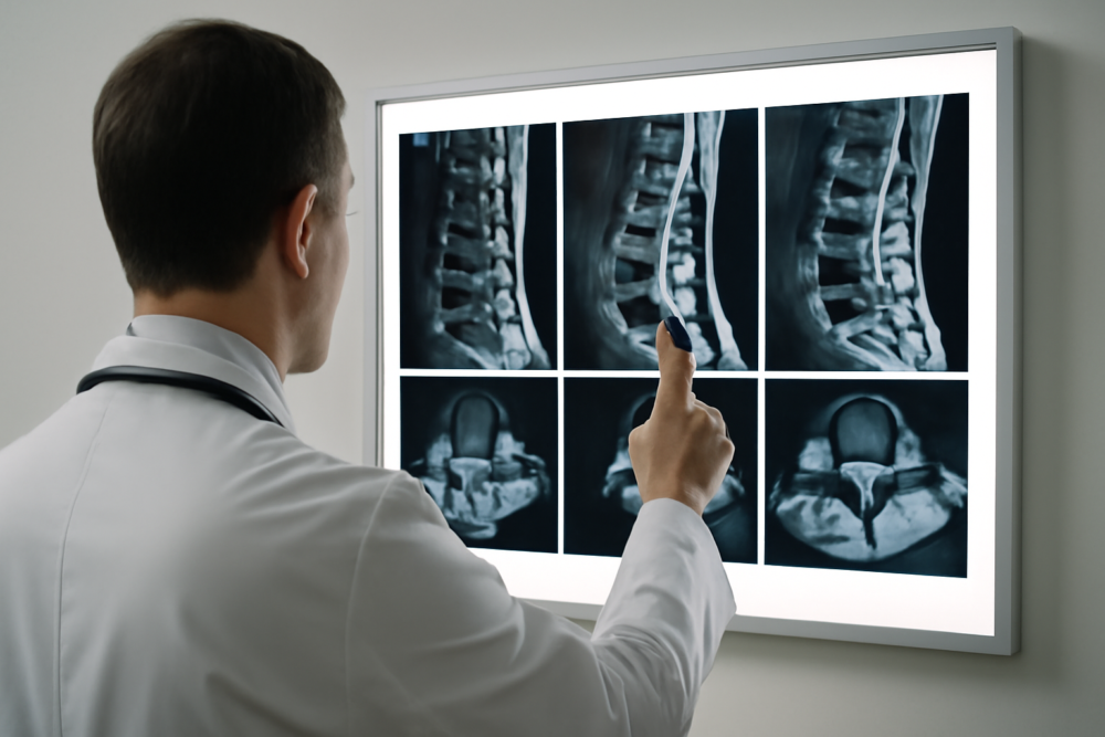 MRI-beelden van de wervelkolom met zichtbare hernia in de lage rug