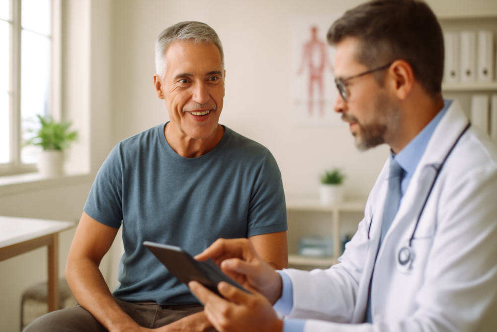 Vijftigplusser tijdens een preventieve gezondheidscheck bij een arts in een moderne kliniek