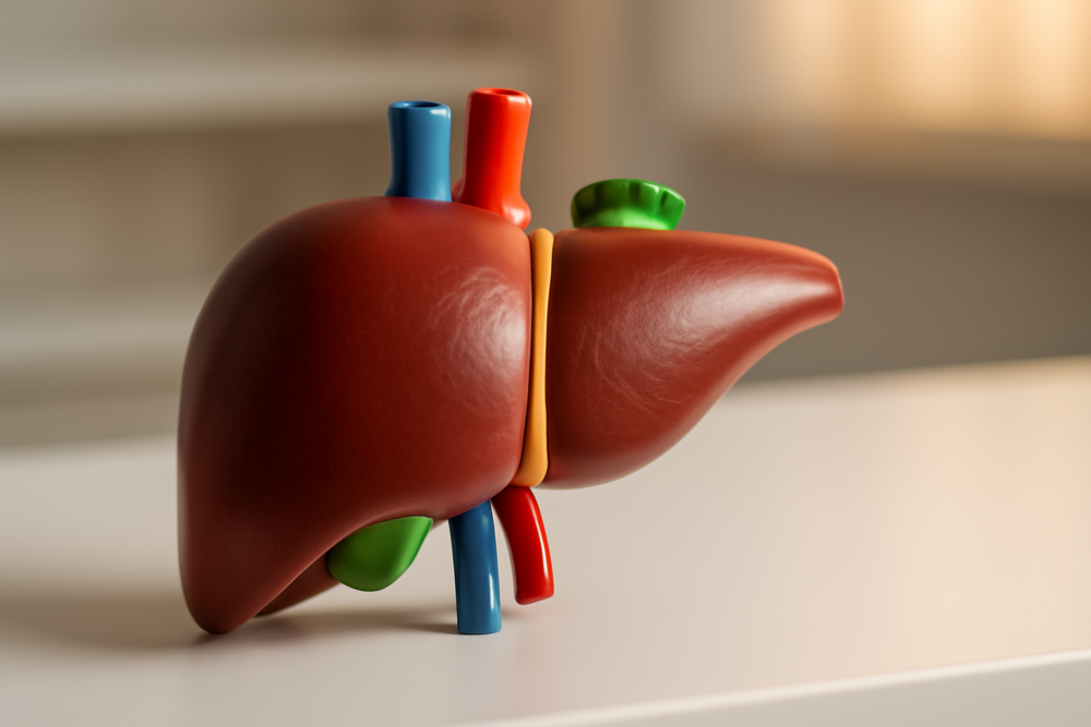 Anatomisch levermodel op witte ondergrond als symbool voor leveronderzoek en preventieve gezondheid