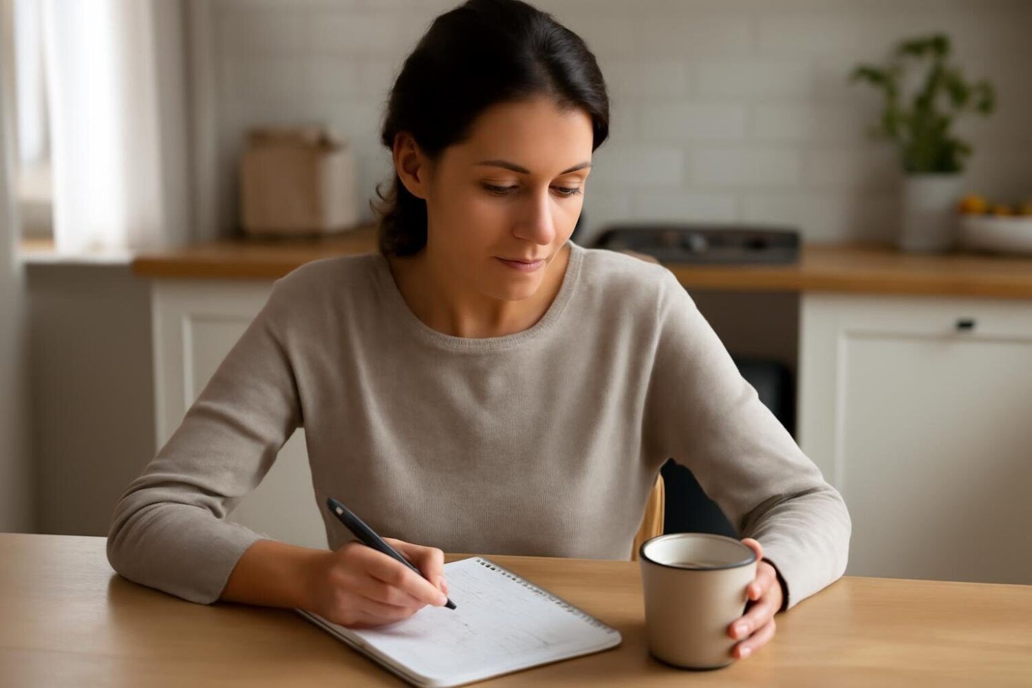 Persoon noteert gezondheidsklachten aan de keukentafel ter voorbereiding op een huisartsbezoek