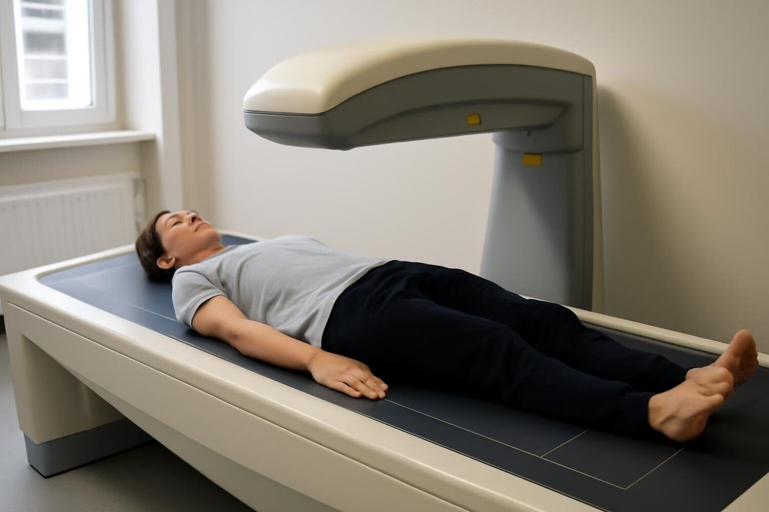 Persoon ligt op een DEXA-scanner in een moderne kliniek