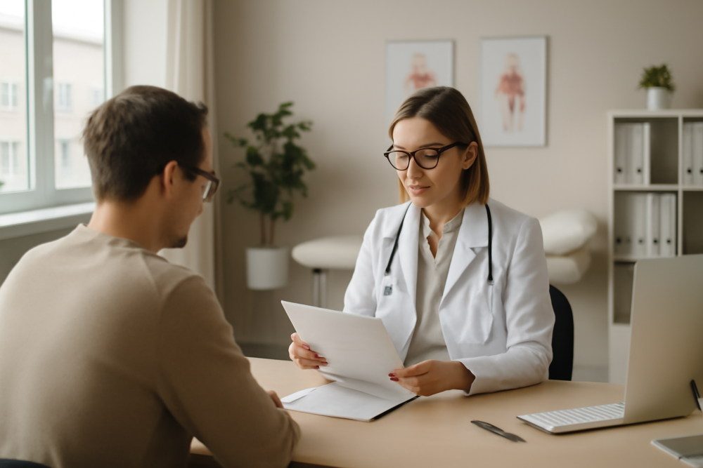Nederlander bespreekt preventief medisch onderzoek met arts in Duitse kliniek
