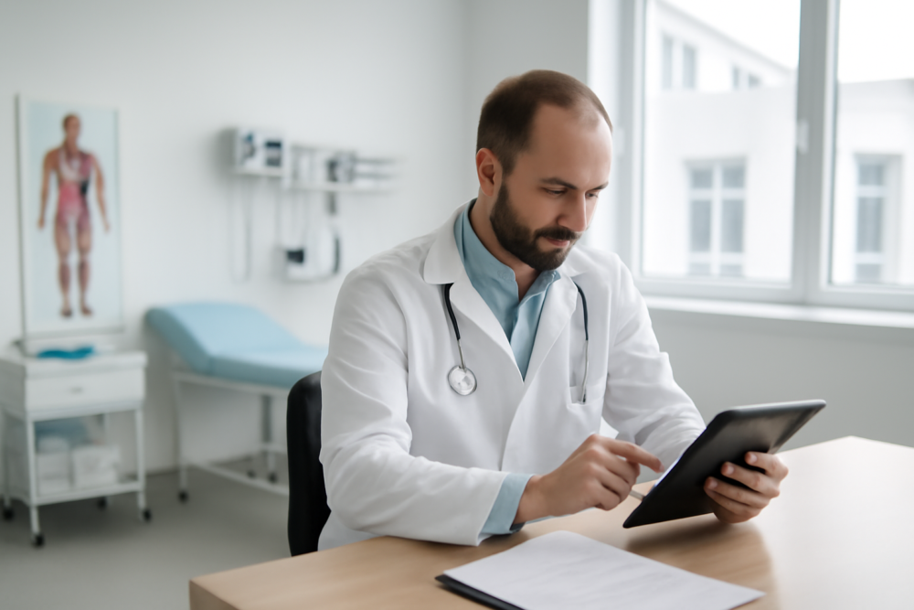 Arts bespreekt preventief medisch onderzoek in een moderne privékliniek in Nederland
