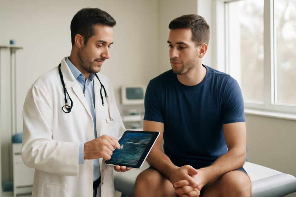 Sportarts bespreekt preventief medisch onderzoek met een sporter in een moderne kliniek