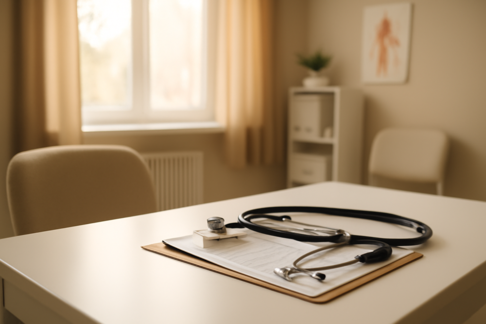 Medische onderzoekskamer met stethoscoop en formulieren voor preventief gezondheidsonderzoek