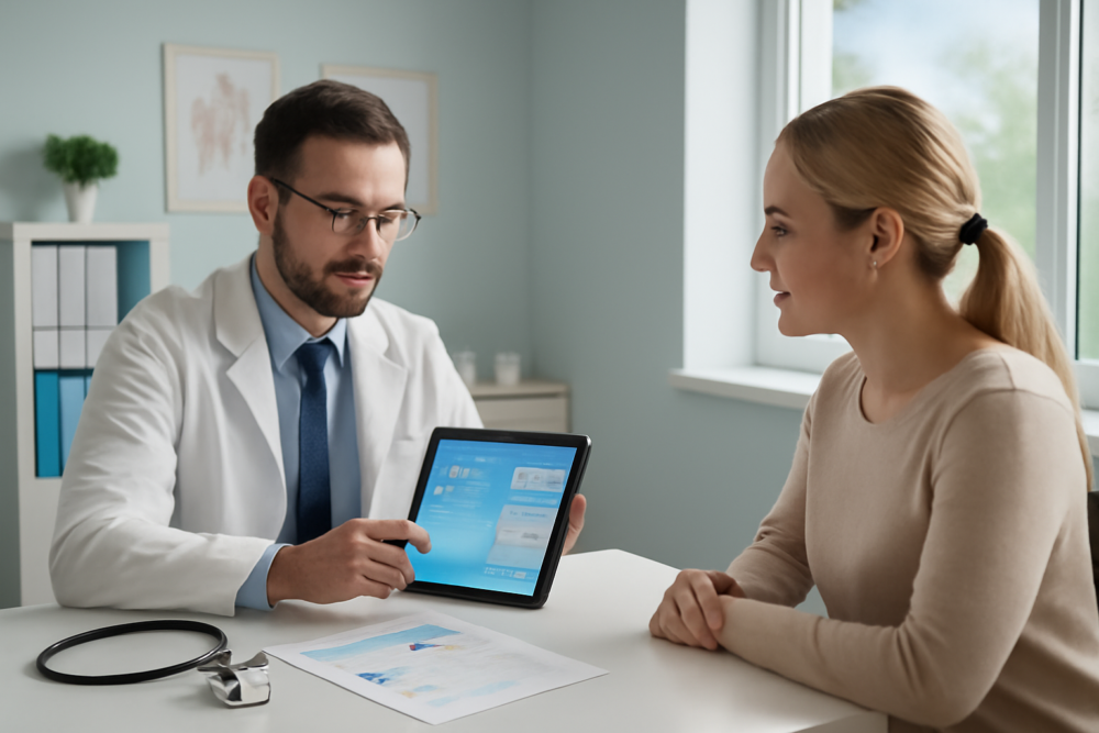 Arts bespreekt gezondheidscheck resultaten met patiënt in moderne spreekkamer